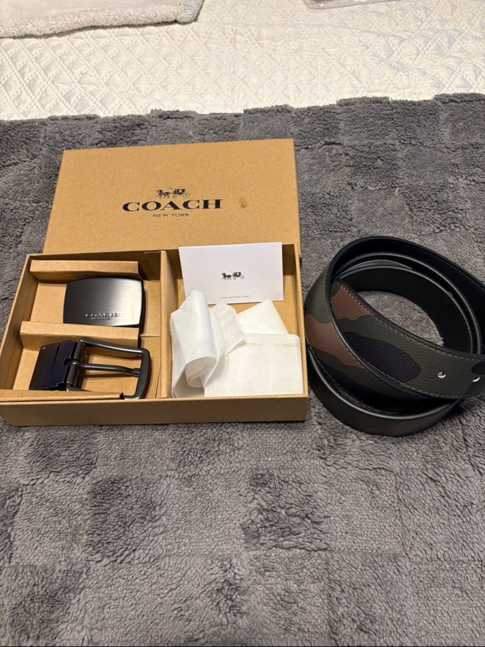 Coach Green and Brown Camouflage Reversible Leather Belt Set
